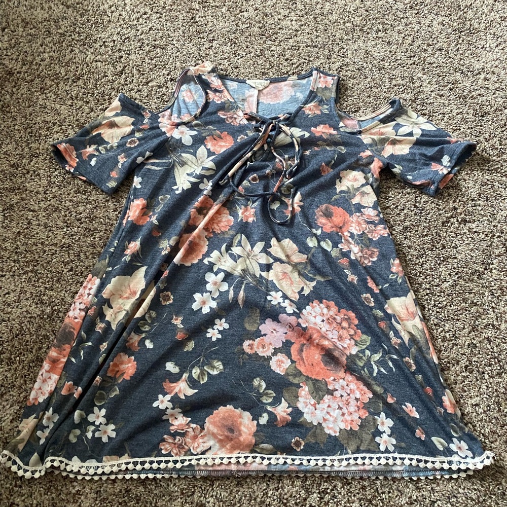 Floral Cold Shoulder Top with Lace Trim